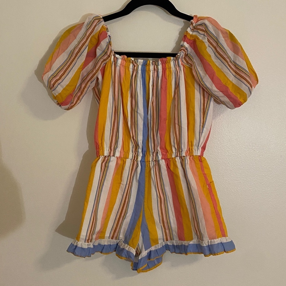 Janie and Jack Girls Size 8 Colorful Cotton Striped Ruffle Bubble Sleeve Romper - Picture 5 of 7
